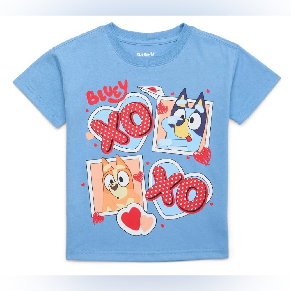 NWT Bluey Valentine’s Day XOXO Graphic T Kids Size Large 10-12 Blue Short Sleeve